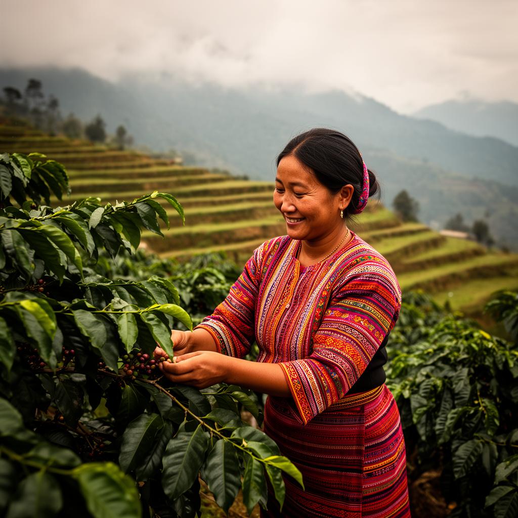 A Bhutanese woman farmer tending coffee plants on a terraced hillside